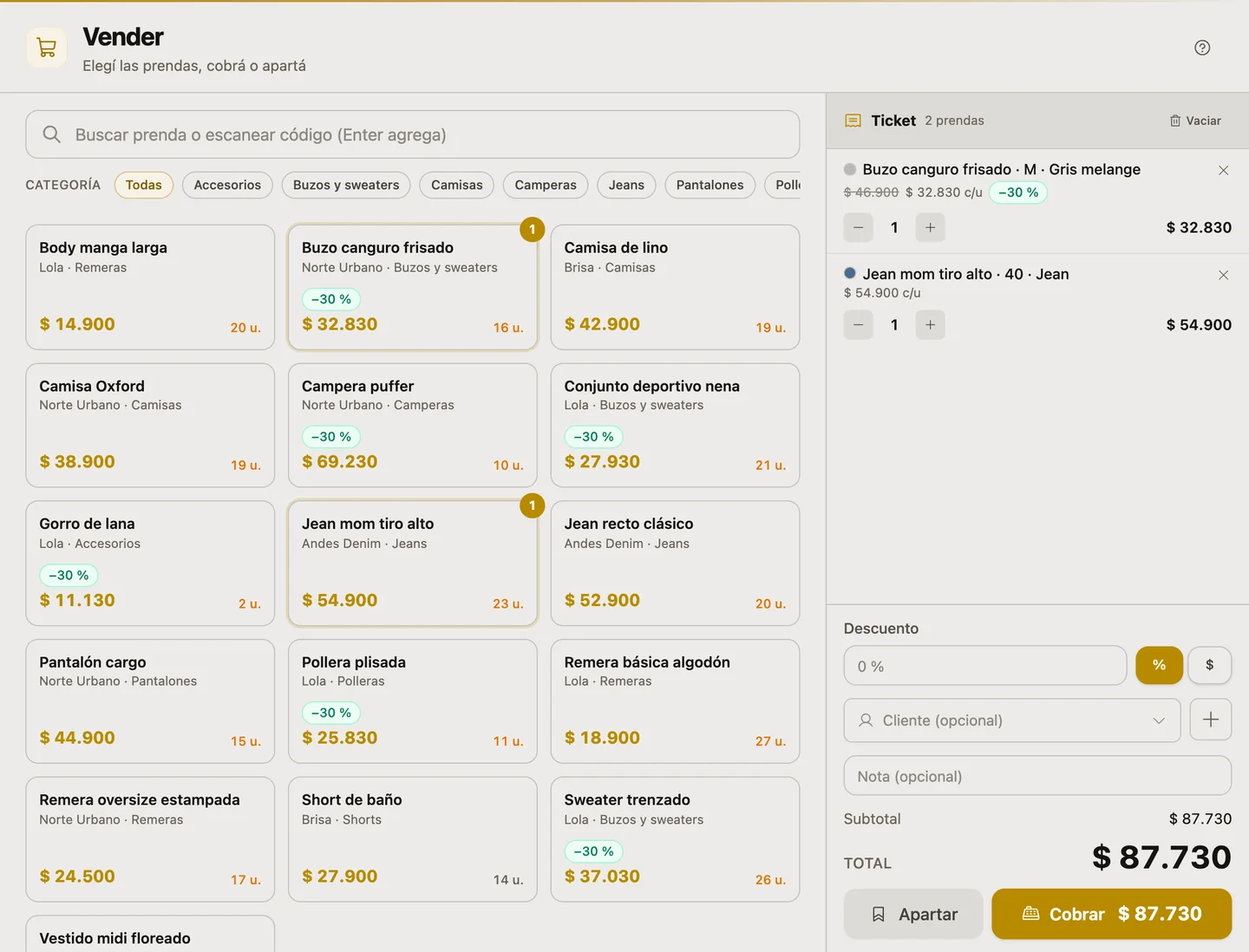 La pantalla Vender de meltolify clothes: el buscador para escanear el código, los filtros por categoría y el catálogo de prendas con su precio, sus unidades y la rebaja del 30 % en las que la tienen; a la derecha, el ticket con un buzo talle M gris melange y un jean talle 40, el descuento, el total de $ 87.730 y los botones Apartar y Cobrar.